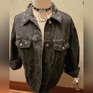 Hand-Studded Black Denim Jacket – One of a Kind Y2K Grunge Piece